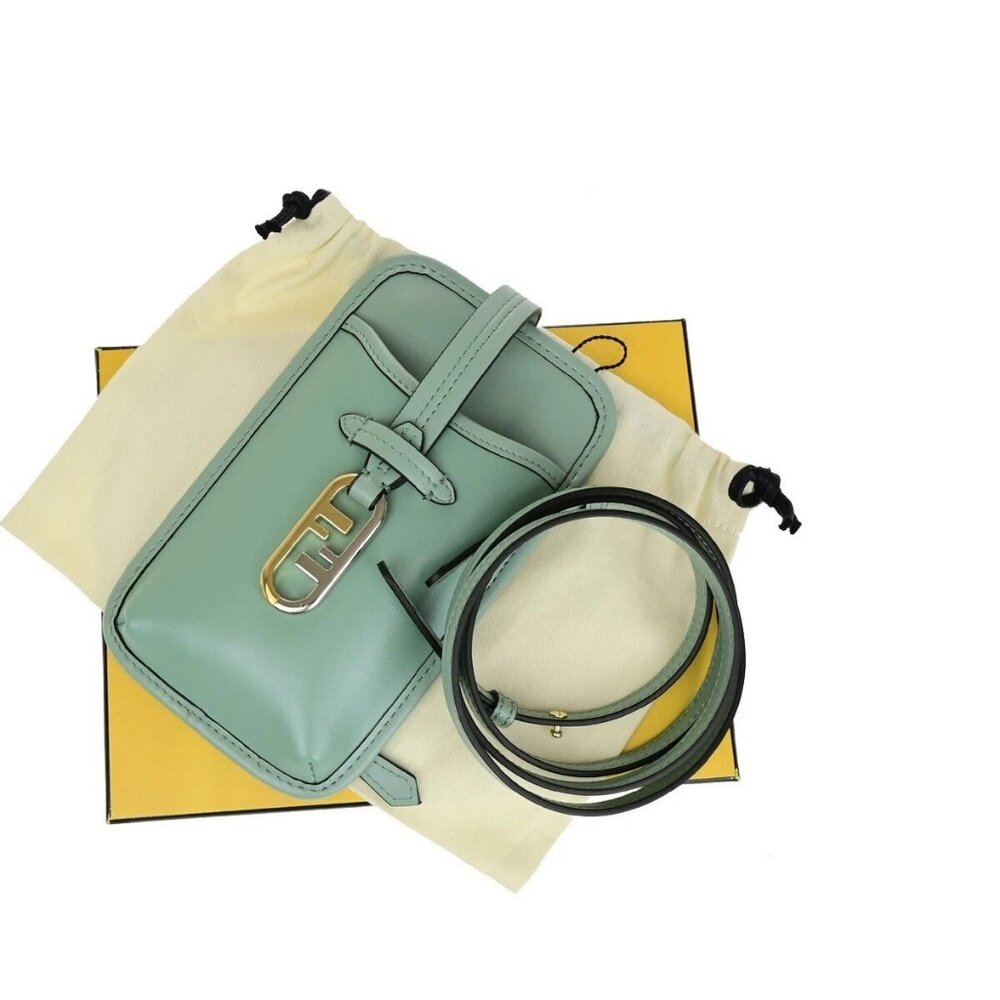 FENDI Logo Mini Shoulder Bag Phone Case Leather Green GHW Made in Italy 84RK320